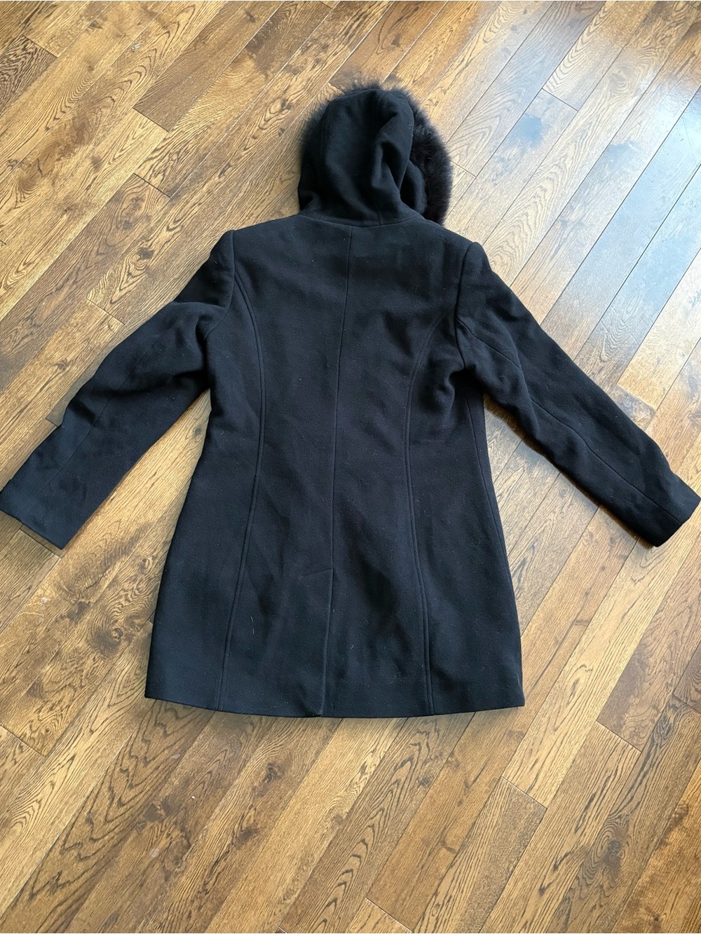 Sachi Black Hooded Wool/ Cashmere Blend Women's Coat with Real Fur Trim Size Med - Picture 5 of 10